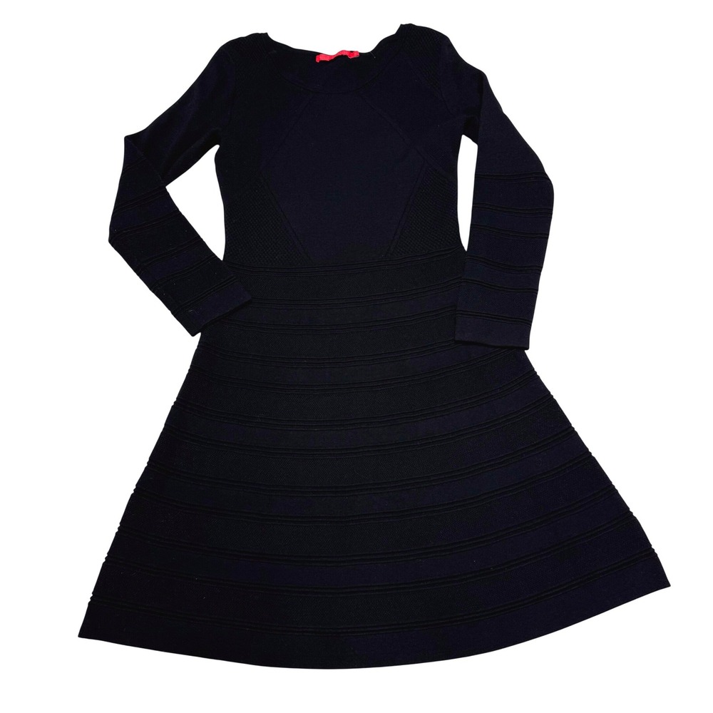 Krimson Klover Womens Black Textured Knit Fit and Flare Long Sleeve Dress Medium